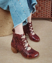 Handmade Splicing Chunky Boots Hollow Out Embossed Brown Cowhide Leather