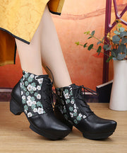 Handmade Splicing Cross Strap Chunky Boots Black Embossed Cowhide Leather