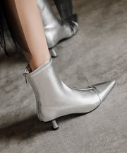 Handmade Splicing High Heel Boots Silver Cowhide Leather