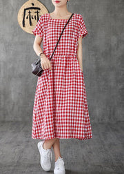 Handmade Square Collar patchwork cotton linen clothes For Women Shape red plaid Dress summer - SooLinen
