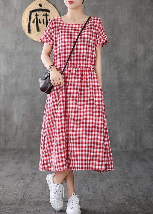 Handmade Square Collar patchwork cotton linen clothes For Women Shape red plaid Dress summer - SooLinen