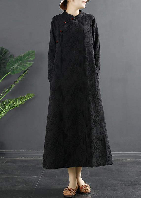 Handmade Stand Collar Quilting Dresses Shape Black Jacquard Traveling Dress - SooLinen