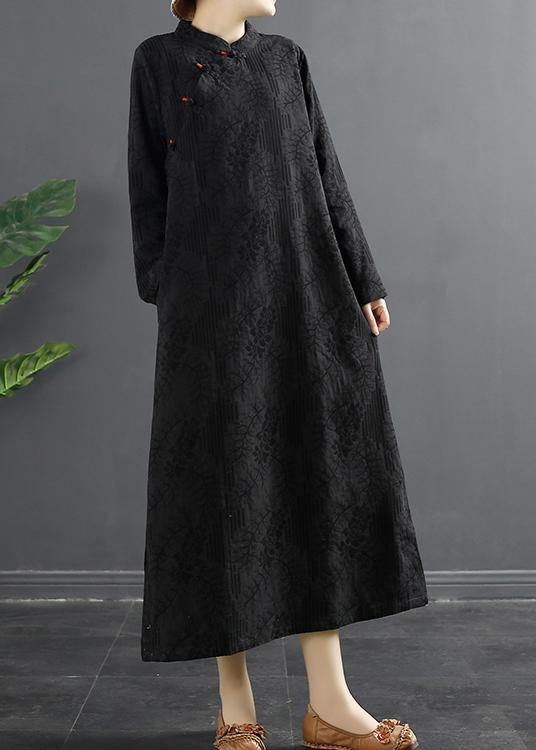 Handmade Stand Collar Quilting Dresses Shape Black Jacquard Traveling Dress - SooLinen