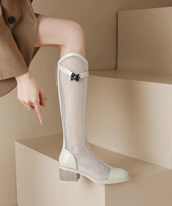 Handmade Tulle Knee Boots Splicing Hollow Out Suede Boots