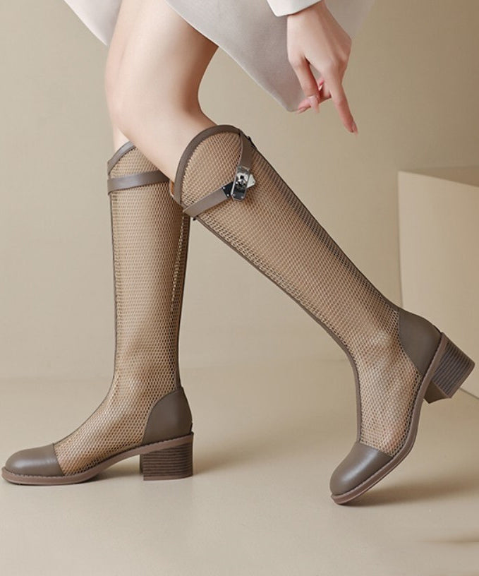 Handmade Tulle Knee Boots Splicing Hollow Out Suede Boots