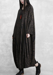 Handmade V Neck Asymmetric Spring Clothes Work Chocolate Striped Robe Dress - SooLinen