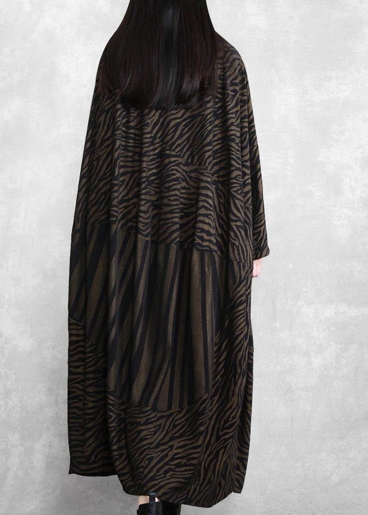 Handmade V Neck Asymmetric Spring Clothes Work Chocolate Striped Robe Dress - SooLinen