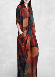 Handmade V Neck SpringC lothes Women Tutorials Print Robes Dress - SooLinen