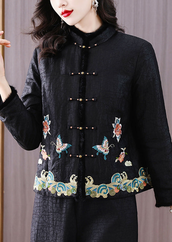 Handmade Vintage Black Embroideried Fine Cotton Filled Jacket Winter