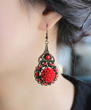 Handmade Vintage Red Hollow Out Floral Patchwork Drop Earrings
