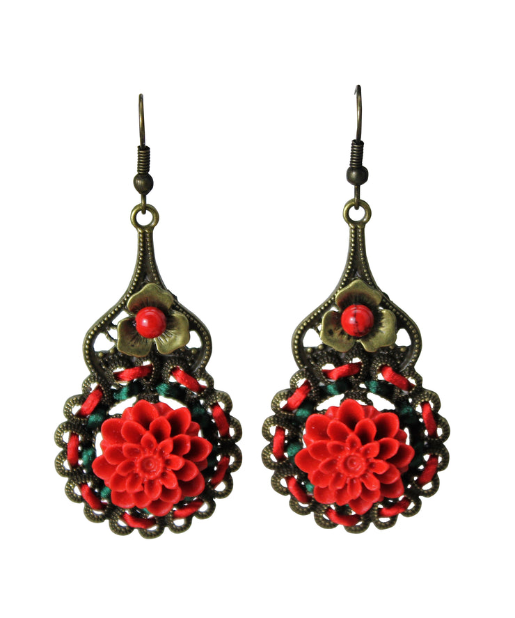 Handmade Vintage Red Hollow Out Floral Patchwork Drop Earrings