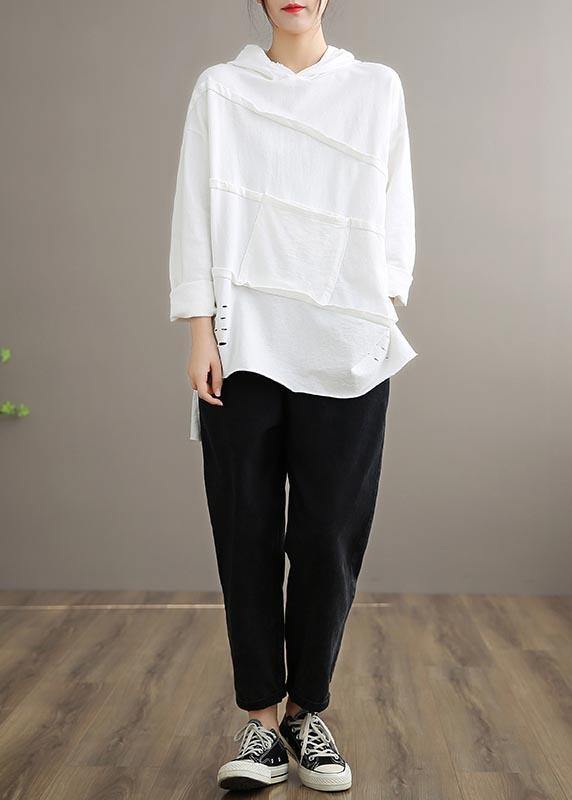 Handmade White Blouses For Women Hooded Patchwork Daily Spring Tops - SooLinen