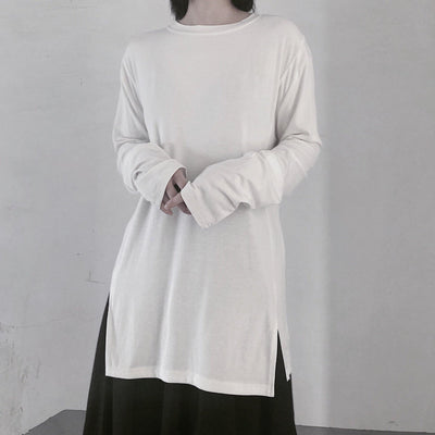 Handmade White Clothes For Women O Neck Side Open baggy Shirt - SooLinen