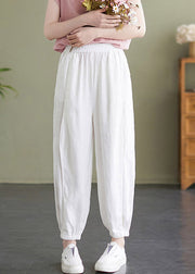 Handmade White Elastic Waist Solid Beam Pants Summer