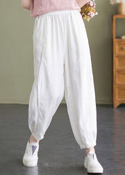 Handmade White Elastic Waist Solid Beam Pants Summer