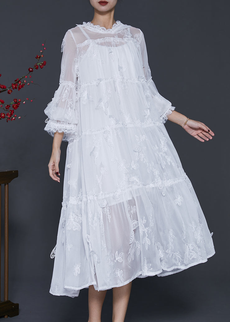 Handmade White Embroidered Oversized Lace Dresses Flare Sleeve