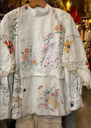 Handmade White Embroidered Patchwork Cotton Blouse Tops Fall