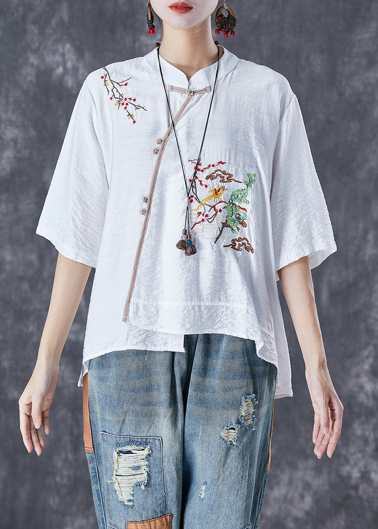 Handmade White Embroidered Patchwork Linen Blouses Summer