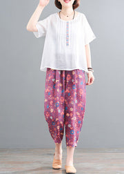 Handmade White Embroidered Print Linen Women Sets Two Pieces Summer