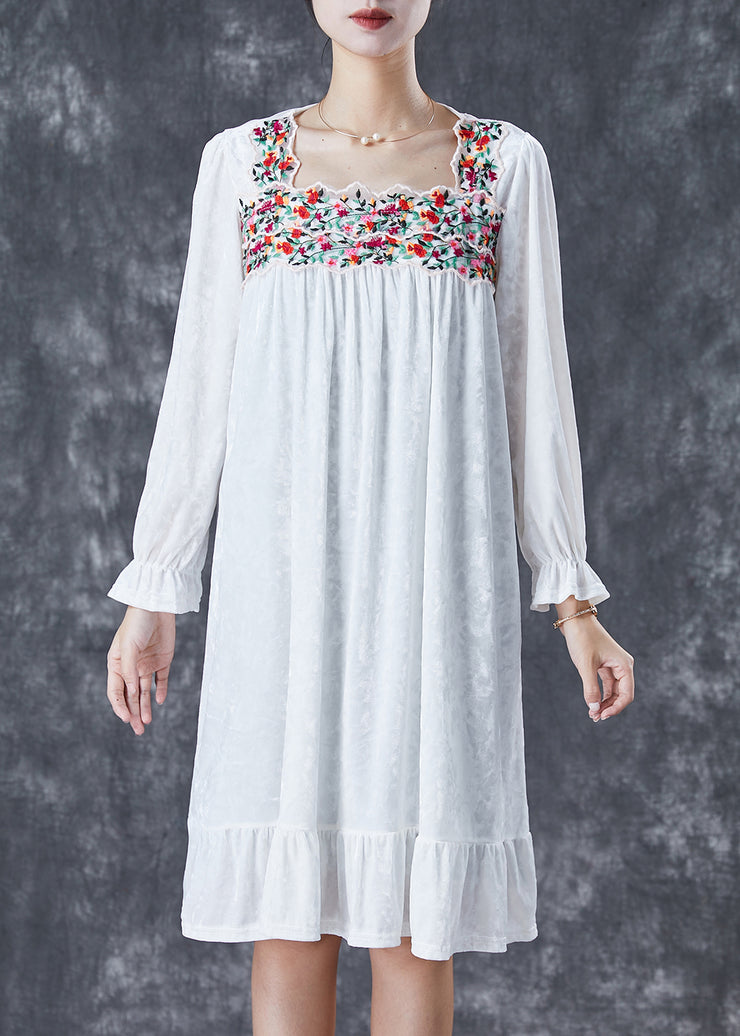 Handmade White Embroidered Silk Velour Holiday Dress Fall
