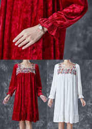 Handmade White Embroidered Silk Velour Holiday Dress Fall