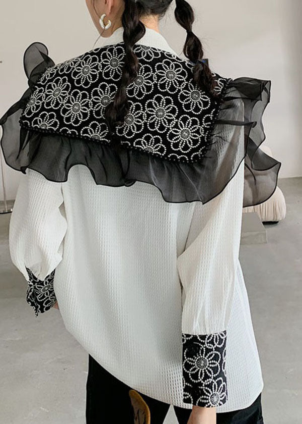 Handmade White Embroidered Tulle Ruffled Patchwork Cotton Two Piece Set Spring