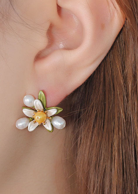 Handmade White Flower Metal Pearl Stud Earrings