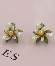 Handmade White Flower Metal Pearl Stud Earrings