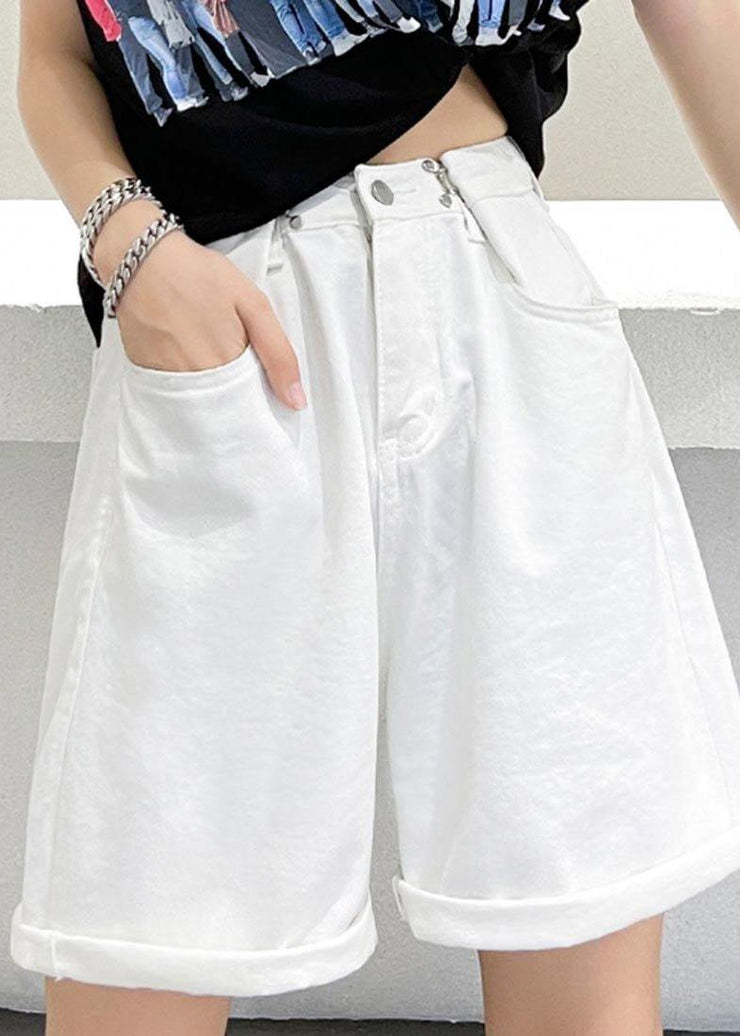 Handmade White High Waist Denim Wide Leg hot pants Summer - SooLinen