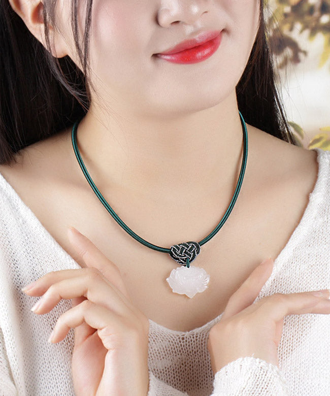 Handmade White Jade Lotus Tassel Pendant Necklace