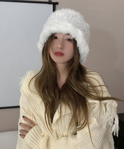 Handmade White Knit Faux Fur Solid Bonnie Hat