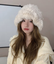 Handmade White Knit Faux Fur Solid Bonnie Hat