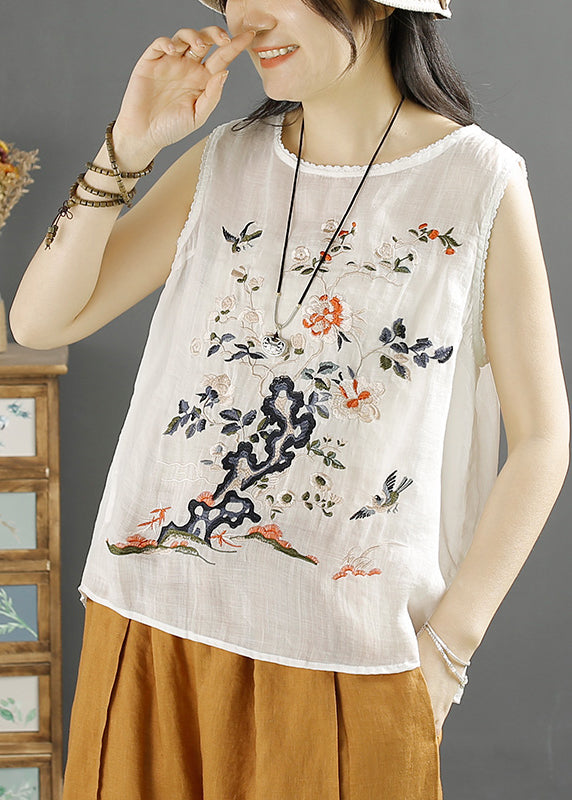Handmade White O-Neck Bird Embroidered Linen Tank Sleeveless