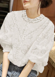 Handmade White O-Neck Button Lace Shirt Half Sleeve