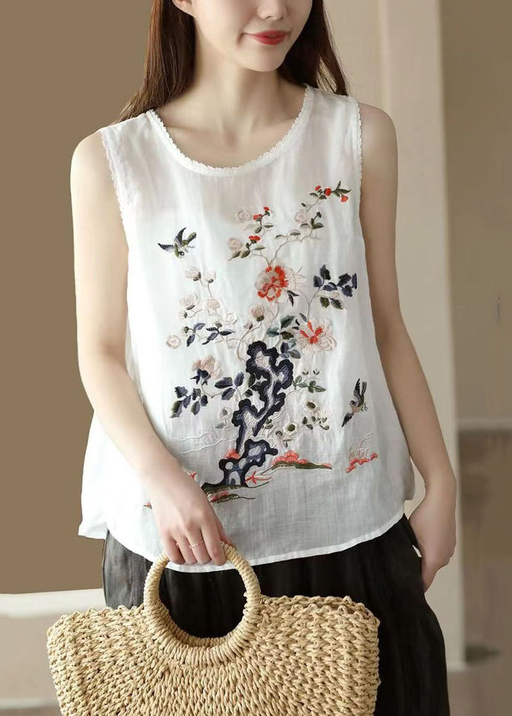 Handmade White O Neck Embroidered Patchwork Linen Tops Summer