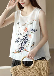 Handmade White O Neck Embroidered Patchwork Linen Tops Summer