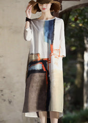 Handgemachtes weißes Sommerkleid mit seitlich offenem Tie-Dye-Baumwollkleid und O-Ausschnitt