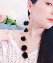 Handmade White Pearl Mink Hair Tassel Drop Earrings