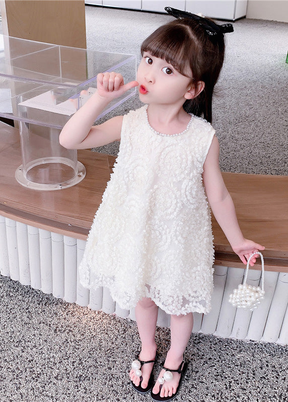 Handmade White Pearl Patchwork Floral Solid Cotton Kids Mid Dresses Summer