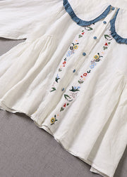 Handmade White Peter Pan Collar Ruffled Linen Blouse Top Spring