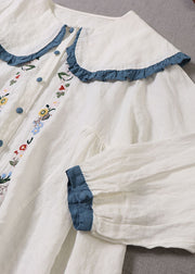 Handmade White Peter Pan Collar Ruffled Linen Blouse Top Spring