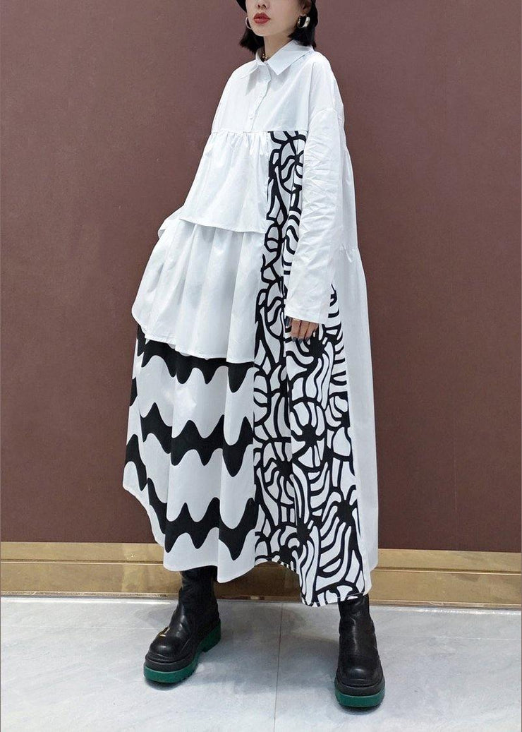 Handmade White Print Quilting Clothes Lapel Asymmetric Loose Spring Dresses - SooLinen