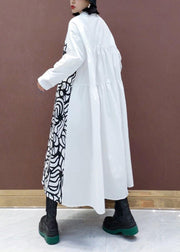 Handmade White Print Quilting Clothes Lapel Asymmetric Loose Spring Dresses - SooLinen