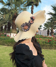 Handmade White Rose Straw Woven Floppy Sun Hat