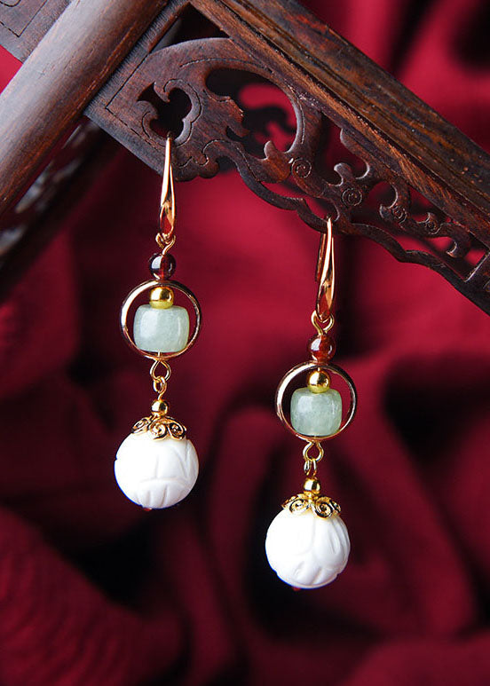 Handmade White Shell Bead Fine Jade 14K Gold Drop Earrings
