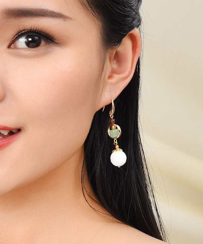 Handmade White Shell Bead Fine Jade 14K Gold Drop Earrings