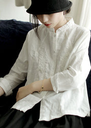 Handmade White Stand Collar Embroidered Cotton Shirts Spring