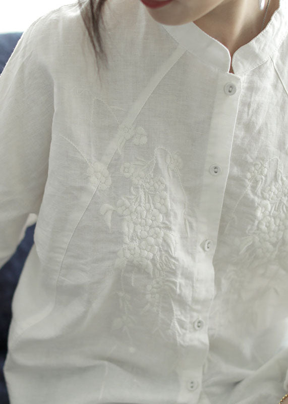 Handmade White Stand Collar Embroidered Cotton Shirts Spring