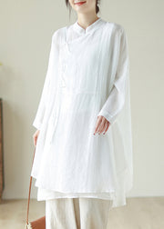Handmade White Stand Collar Tie Waist Low High Design Long Dress Long Sleeve