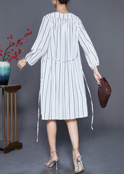 Handmade White Striped Tie Waist Cotton Shirt Dresses Summer